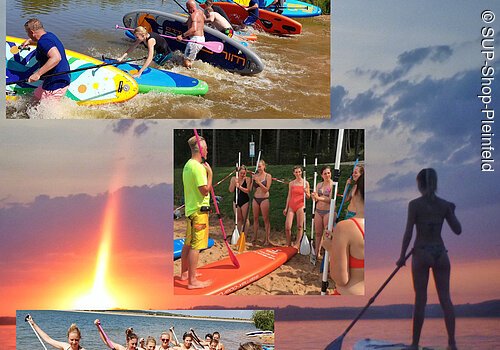 Werbeplakat für den SUP-Shop-Pleinfled. Als Hintergund eine junge Frau auf einem Standuopaddle auf dem See paddelt dem lila orangenen Horizont entgegen. Darauf drei Bilder. Eine Gruppe läuft mit ihren Standuppaddels in den See. Darunter ein Mann gibt Instruktionen an eine Gruppe junger menschen in Badeklamotten. darunter eine Grupper junger Badegäste übt das korrekte Paddeln.
