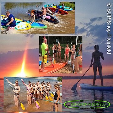 Werbeplakat für den SUP-Shop-Pleinfled. Als Hintergund eine junge Frau auf einem Standuopaddle auf dem See paddelt dem lila orangenen Horizont entgegen. Darauf drei Bilder. Eine Gruppe läuft mit ihren Standuppaddels in den See. Darunter ein Mann gibt Instruktionen an eine Gruppe junger menschen in Badeklamotten. darunter eine Grupper junger Badegäste übt das korrekte Paddeln.