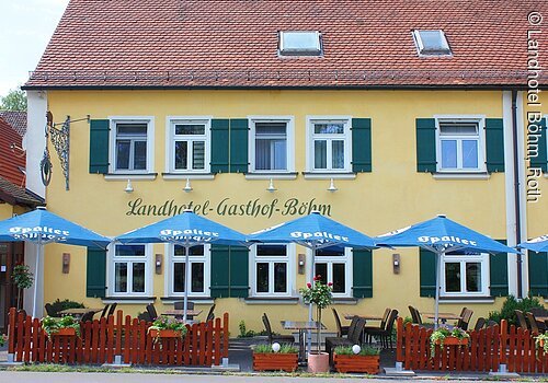 Teilansicht eines zweistöckigen Hauses im fränkischen Baustil mit gelber Fassade und grünen Fensterläden. Davor ein kleiner Biergarten mit braunem Zaun und blauen Sonnenschirmen.