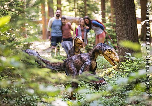 Eine Familie steht im Hintergrund im Wald und schaut auf eine kleine Gruppe kleiner Saurier im Vordergrund.