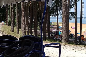 Super Blick durch Bäume auf einen Sandstrand am See.
