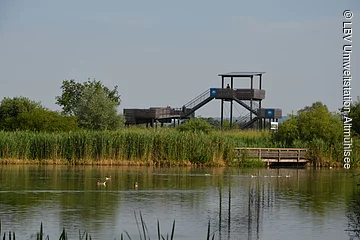 Blick auf den Ausischtturm der Vogelinsel und die Vogelinsel mitten im See.