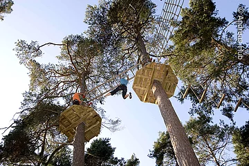 Zwei mutige Kletterlustige im Kletterwald Enderndorf  hangeln sich in großer Höhe entlang einer Leiter von Baum zu Baum.