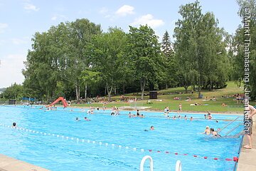 Im Schwimmerbecken tummeln sich einige Schwimmer. Ein paar Badegäste sonnen sich auf der Liegewiese.
