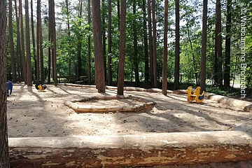 Spielplatz im Wald mit Sandboden, umgeben von Bäumen. Zwei Wipptiere sind im Sand zu sehen.
