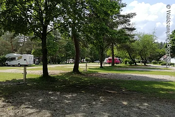 Ein Campingplatz mit Wohnmobilen, umgeben von Bäumen und Rasenflächen. Im Hintergrund sind mehrere Wohnmobile zu sehen.