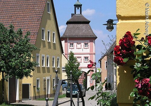 Der Arberger Torturm versteckt sich hinter einem Baum und blühenden Rosen.