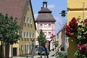 Der Arberger Torturm versteckt sich hinter einem Baum und blühenden Rosen.